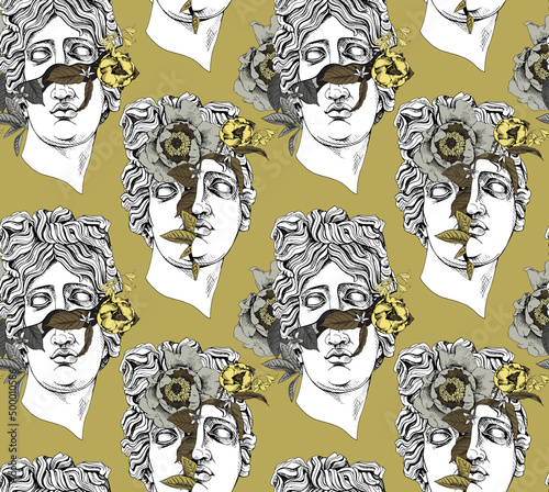 Seamless wallpaper pattern. Apollo Plaster head statue with a flowers, buds and leaves. Textile composition, t-shirt design, hand drawn style print. Vector illustration.