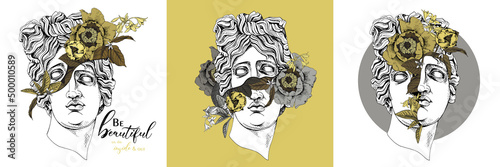 Apollo Plaster head statue with a flowers, buds and leaves. Set collection. Creative poster, t-shirt composition, hand drawn style print. Vector illustration.