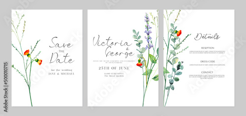 Watercolor hand painted gentle botanical spring leaves and branches illustration. Watercolor illustrations isolated on white background, premade wedding invitation, save the date frame template