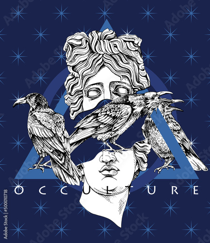 Apollo Plaster head statue with a  crows on a stars blue background. Creative occulture poster, t-shirt composition, hand drawn style print. Vector illustration. photo