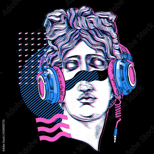 Minimalistic Bright colored collage. Apollo Plaster head statue in a headphone with a geometry. Cyberpunk glitch art. Creative poster, t-shirt composition, hand drawn style print. Vector illustration.