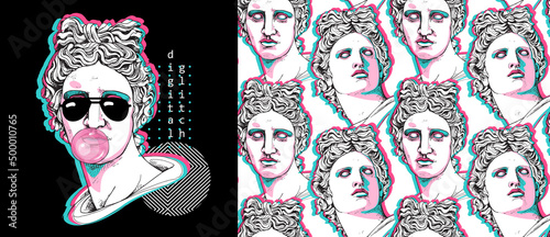 Set of print and seamless wallpaper pattern. Apollo Plaster head statue with a geometry form. Cyberpunk glitch art. Textile composition  t-shirt design  hand drawn style print. Vector illustration.