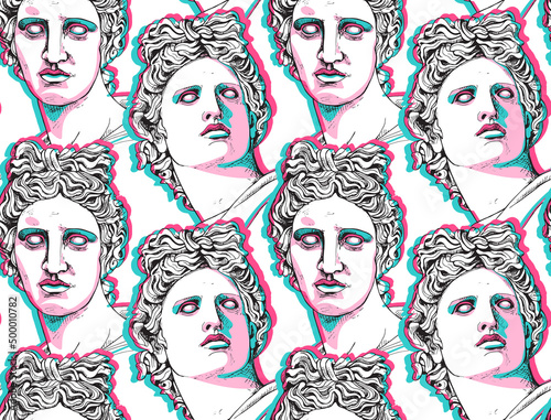 Seamless wallpaper pattern. Apollo Plaster head statue with a geometry form. Minimalistic collage. Cyberpunk glitch art. Textile composition, t-shirt design, hand drawn style. Vector illustration.