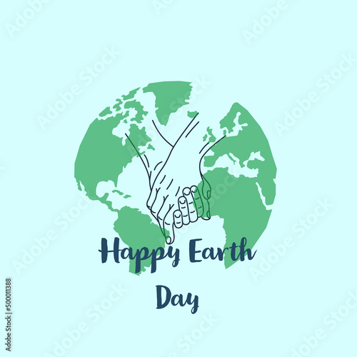 Illustration of holding hand and earth icon with text HAPPY EARTH DAY.