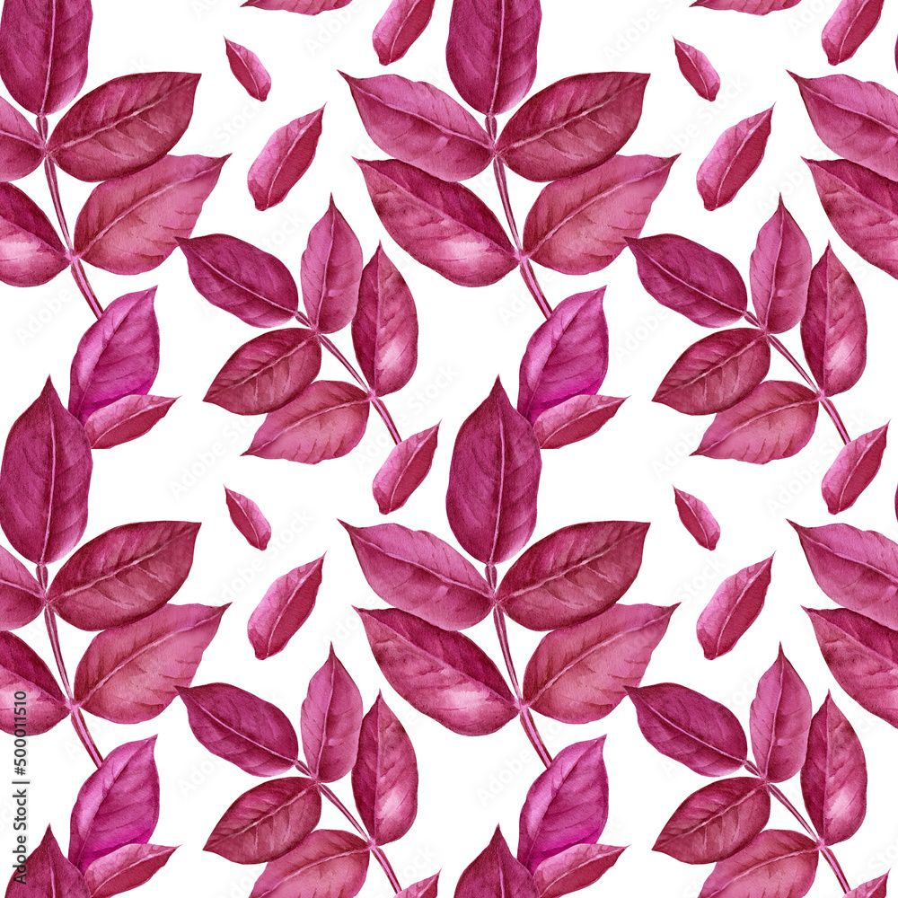 seamless pattern with watercolor purple leaves, hand drawn sketch, botanical illustration