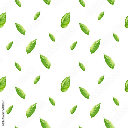 seamless pattern with watercolor fresh green leaves, hand drawn sketch, botanical illustration