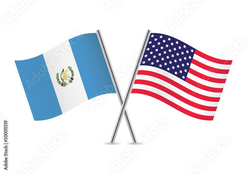 The Republic of Guatemala and America crossed flags. Guatemalan and American flags on white background. Vector icon set. Vector illustration.