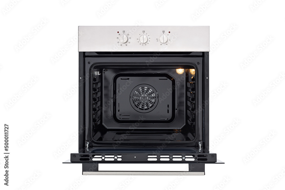 Black oven with silver top, three control knobs. Open door, lights on. Front view