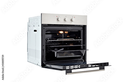 Black oven with silver top, three control knobs. Open door, three trays and lights on. 45 degree view