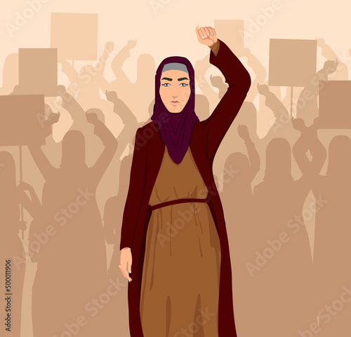 A Muslim woman participating in a march of women fighting for their rights. Feminists participate in the rally. Vector illustration.