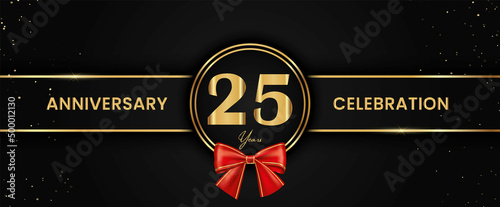 25 Year Anniversary Celebration Vector Template Design. 25 years golden anniversary sign, 25 years anniversary logo. Light bright symbol for event, invitation, party, award, ceremony, greeting vector