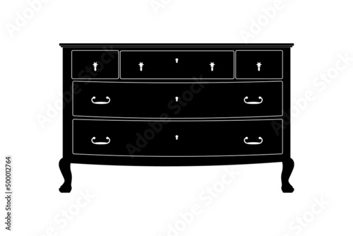 Сhest of drawers icon isolated on white background. Vintage commode silhouette. Retro furniture for bedroom. Dresser or bedside table for living room symbol. Sign of home interior. Vector illustration