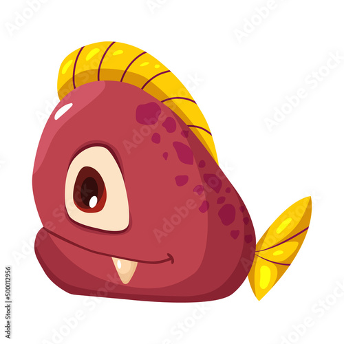 Cartoon red toothy comic fish isolated on a white background. Ocean marine animal smiling. Character animal vector.
