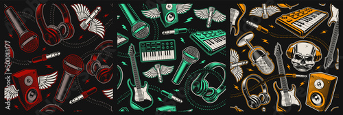 Set of music seamless backgrounds with different cartoon musical instruments