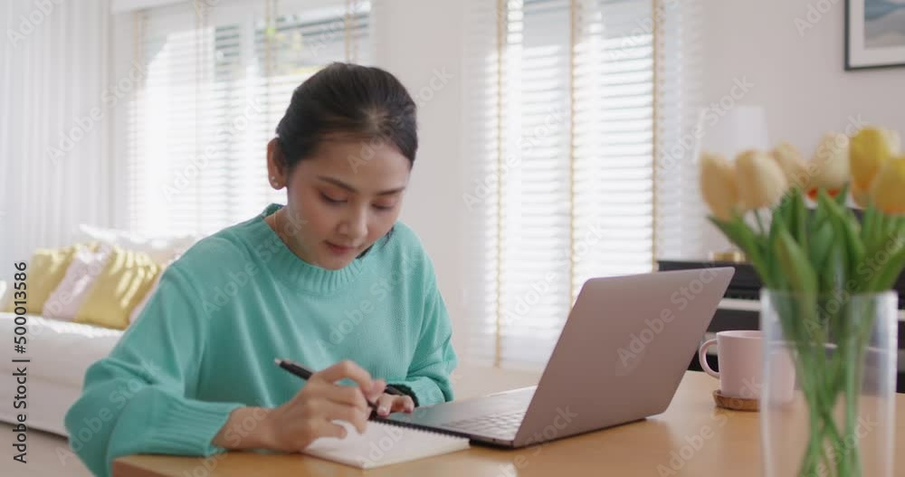 New possible career digital transformation future workforce class. Asia people young girl talent woman sit relax remote work typing e-mail at table home office study MBA reskill upskill job course. New possible career digital transformation future workforce class. Asia people young girl talent woman sit relax remote work typing e-mail at table home office study MBA reskill upskill job course.