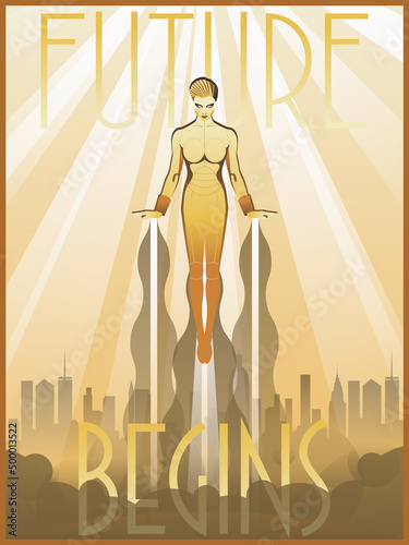 Art Deco Retro Futurism Poster. 1920s - 1930s Style Golden Woman Figure Illustration