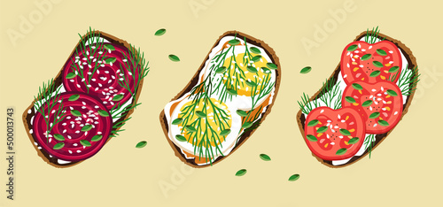 Sandwiches. Whole grain bread with healthy ingredients. Vegetables, herbs, eggs and seeds. Healthy breakfast. Vector.