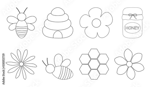 Set bees honey coloring vector illustration