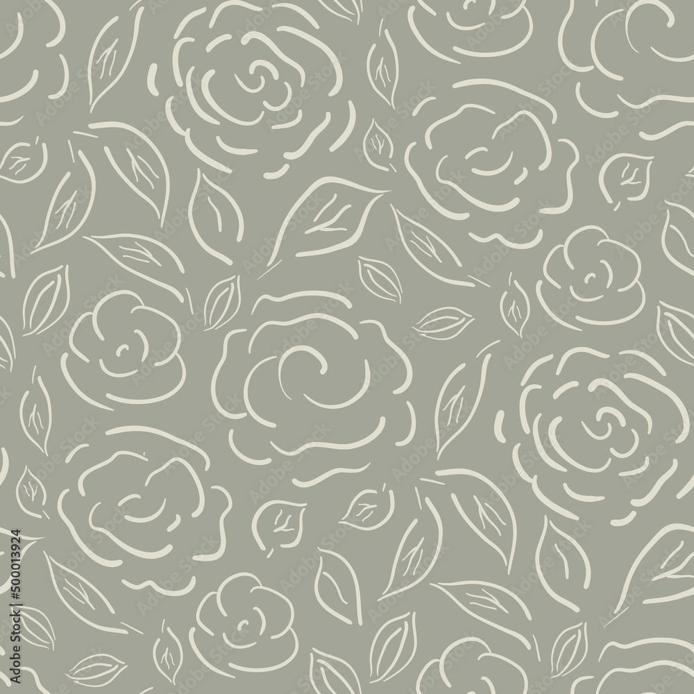 Fototapeta premium Cottage garden flowers seamless vector pattern background. Neutral line art farmhouse style. Hand drawn country flowers botanical outline backdrop.Cottagecore aesthetic textural all over print.