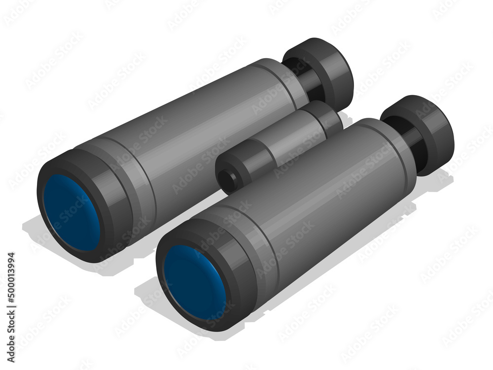 Isometric binoculars to observe distant objects. Equipment for campaigns and military operations. Realistic 3D vector isolated on white background