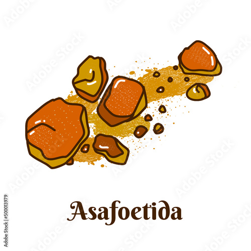 Hand drawn vector illustration of asafoetida gum and powder or hing spice isolated on white background.