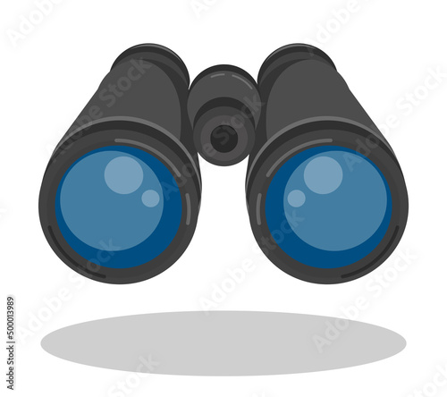 Binoculars look ahead. Search for objects in area. Search, purposeful look into the future. Cartoon vector isolated on white background