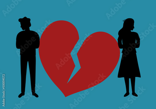 Broken heart concept vector illustration. Sad man and woman with red broken heart in flat design. Bad Valentine’s Day. Breakup or divorced couple.