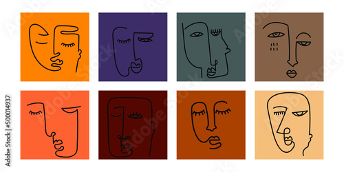 A set of abstract continuous line face portrait vector illustration.Aesthetic contour,modern, decorative,ethnic style.