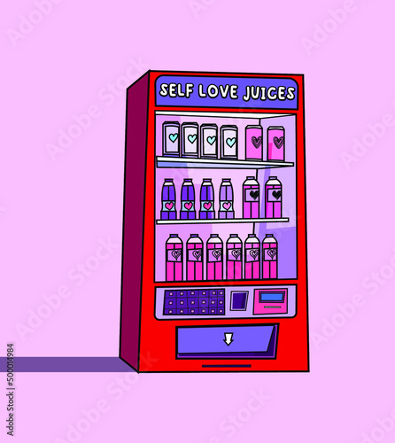 Creative isolated vector illustration of a vending machine selling Self love juices, with little hearts on the juice cans and bottles. 