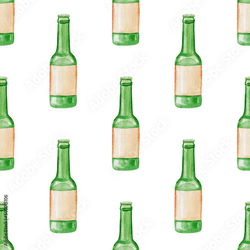 Watercolor beer green bottles seamless pattern on white