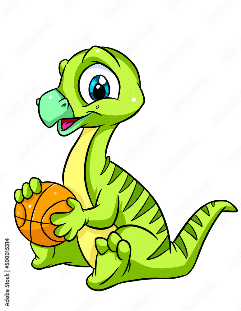 Naklejka premium little dinosaur basketball ball sport game cartoon illustration
