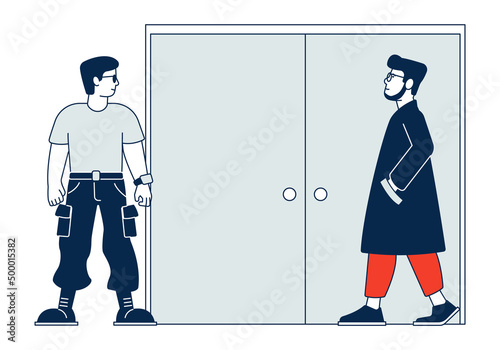 Men standing in front of closed door. Waiting characters