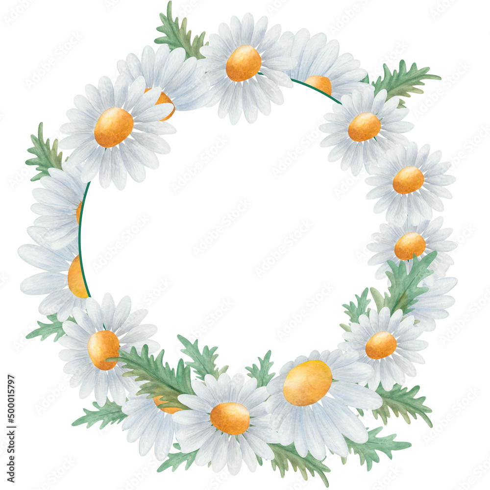 Obraz premium Watercolor hand painted floral frame with camomile, blue, yellow daisies in bloom and green leaves. Design blank card template with flowers for spring and summer wedding invitation, greeting postcards