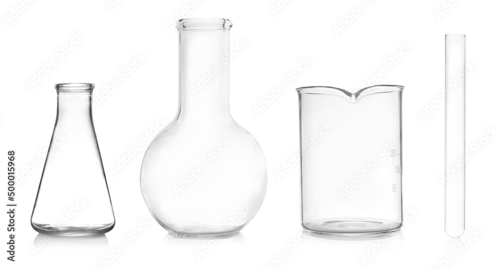Different empty laboratory glassware on white background, banner design Different empty laboratory glassware on white background, banner design