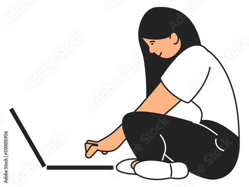 Woman sitting on floor with laptop. Casual gadget using