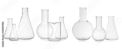 Set of different empty laboratory glassware on white background  banner design