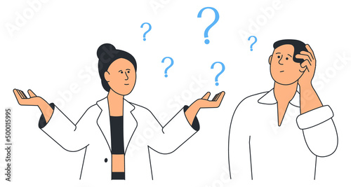 Woman asking question and man thinking. People solving problem