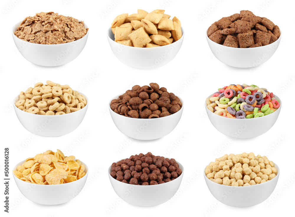 Set with different tasty breakfast cereals on white background Set with different tasty breakfast cereals on white background