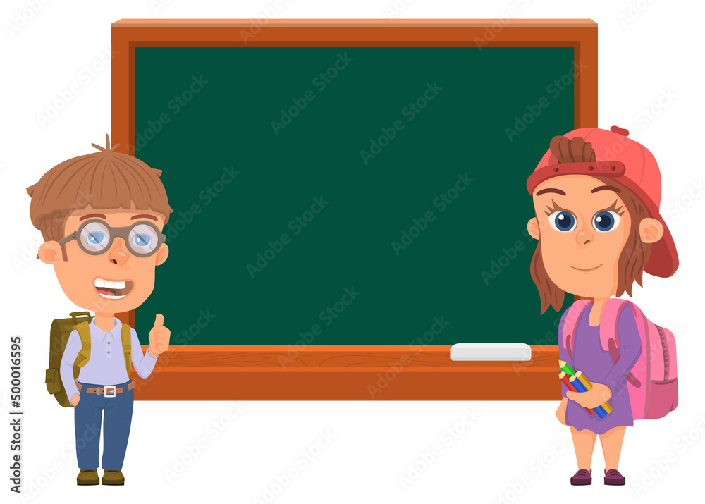 Kids standing beside blackboard. Cartoon characters in school classroom Kids standing beside blackboard. Cartoon characters in school classroom