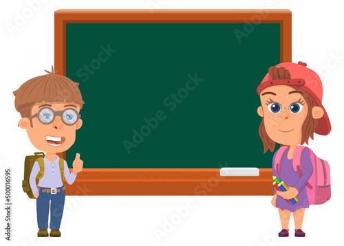 Kids standing beside blackboard. Cartoon characters in school classroom