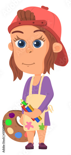 Painter girl character. Creative kid with pallette and pencils