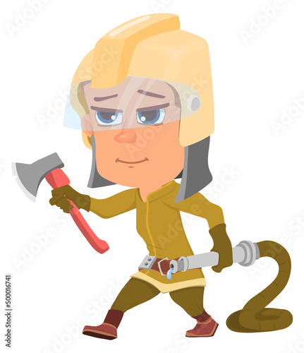 Firefighter kid character. Funny boy in fireman suit
