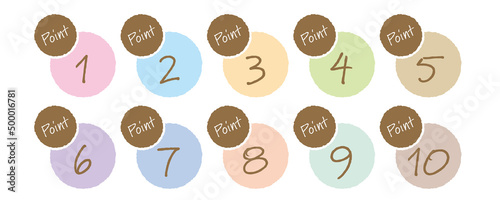 1〜10　POINT　ラフでかわいい手書き風　数字アイコンセット（ブラウン＆パステルカラー）