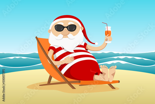 Santa Claus resting in deck chair and drinking juice. Vector illustration.
