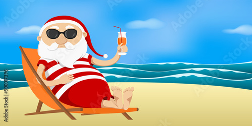 Santa Claus resting on beach and drinking juice. Vector illustration.