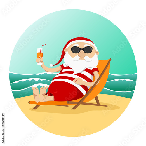 Santa Claus resting in chaise longue and drinking juice. Vector illustration.