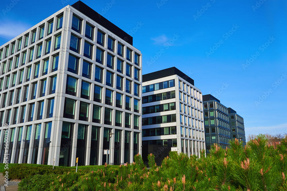 Modern residential complex. Facade of new house block in Europe. Complex of apartment residential buildings in Poland