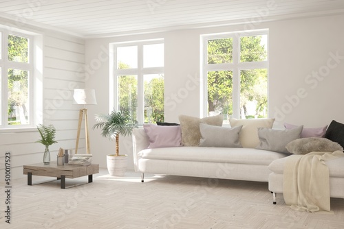 White living room with sofa and summer landscape in window. Scandinavian interior design. 3D illustration