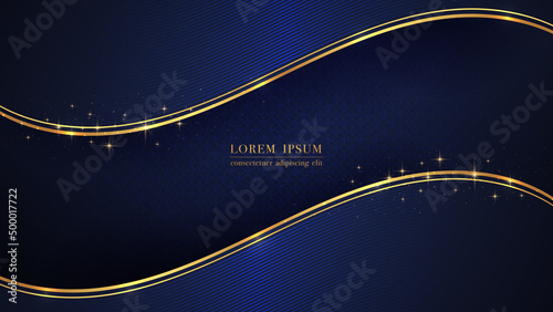Luxury golden curve line with glitter light, and overlapping circles design on dark blue background. Vector illustration