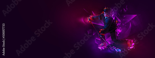 Flyer with portrait of little boy, hockey player in sports equipment playing hockey on dark background with polygonal and fluid neon elements. Art, creativity, sport